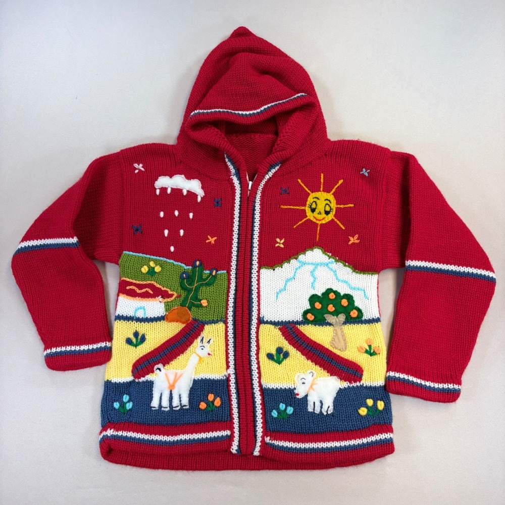 Hand Knit Peruvian Style Hoodie Kids 4/5 Red Llama Folk Art Sweater Zip